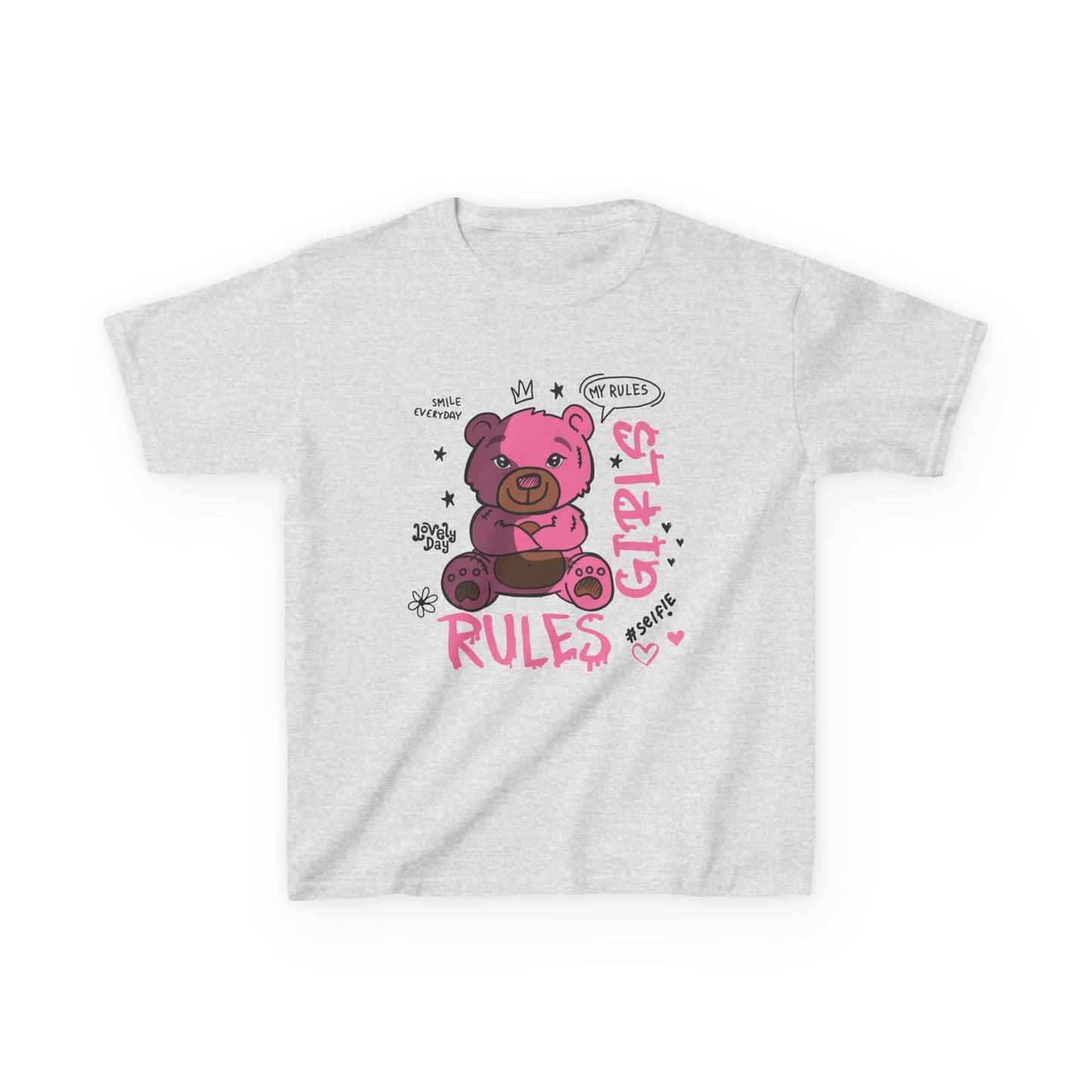 Sassy Cartoon Kids Tee - Girl's Rules Pink Teddy Bear Graphic