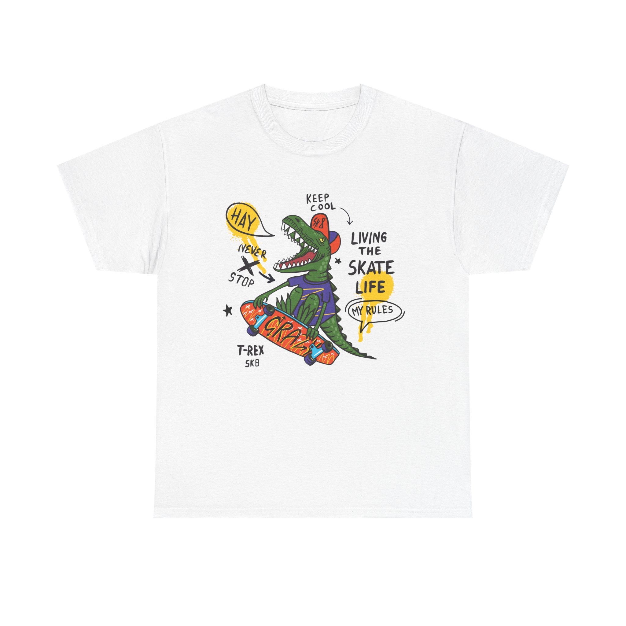 Dinosaur Skateboard T-Shirt – “Living the Skate Life” Graphic Tee
