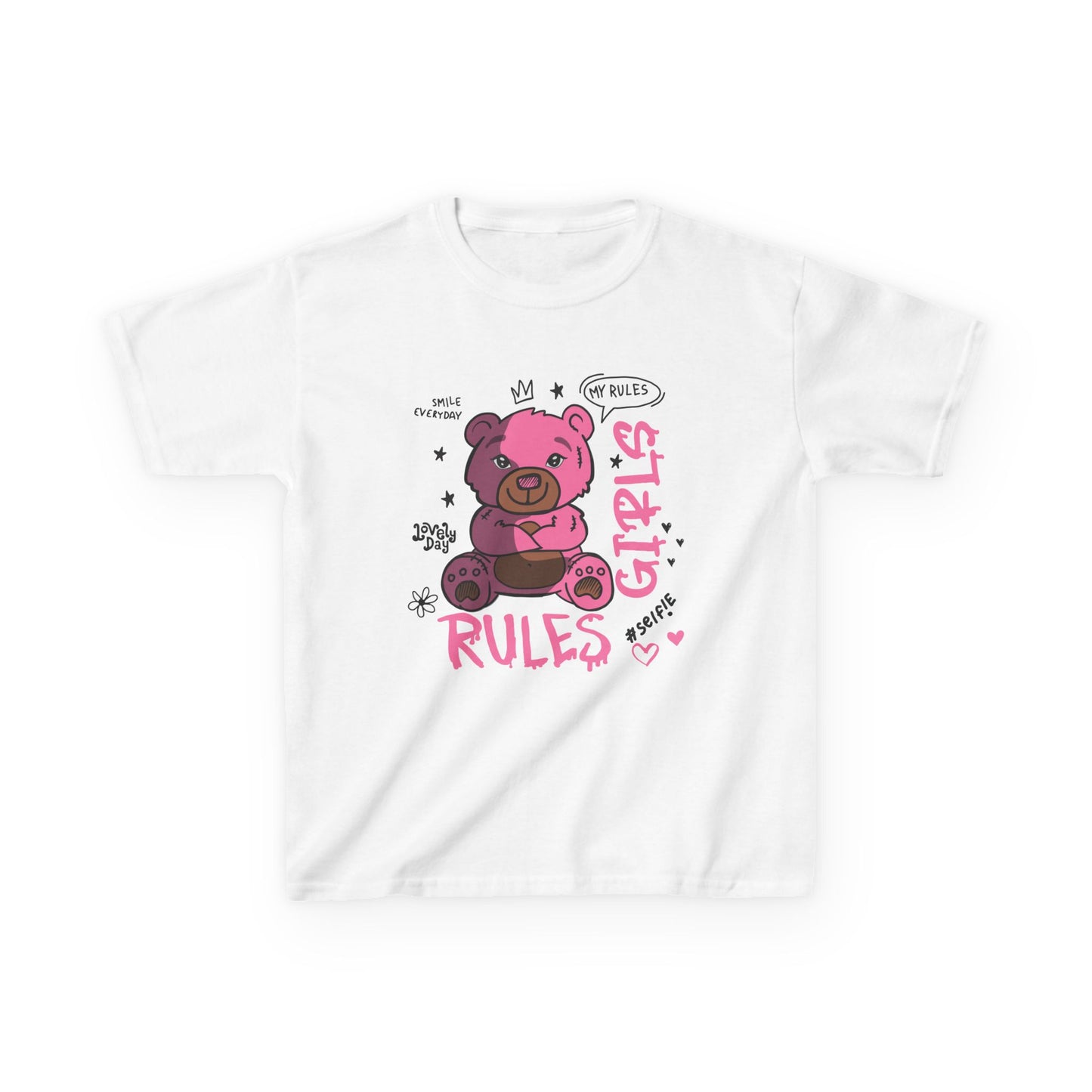 Sassy Cartoon Kids Tee - Girl's Rules Pink Teddy Bear Graphic