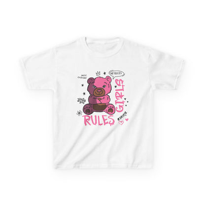 Sassy Cartoon Kids Tee - Girl's Rules Pink Teddy Bear Graphic