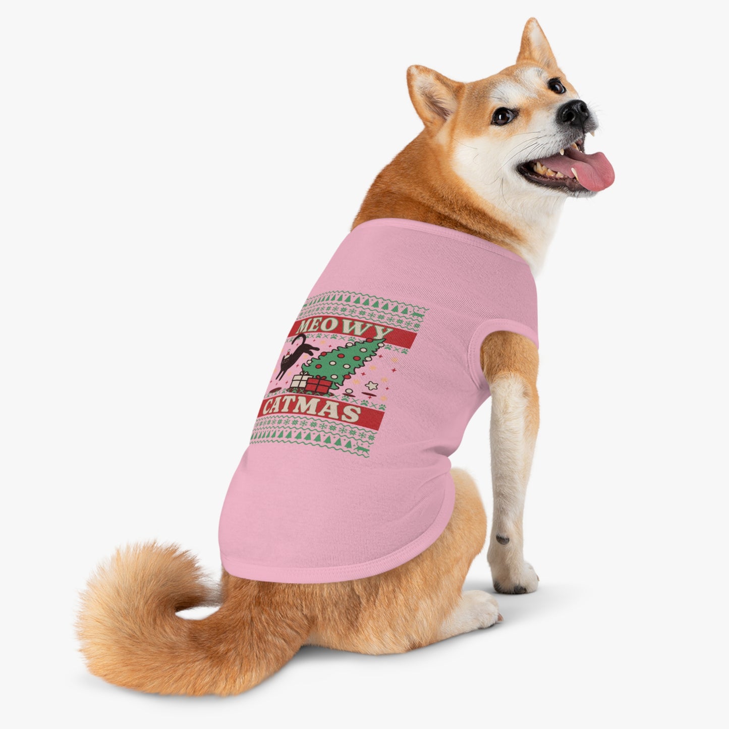 Meowy Catmas Pet Tank Top – Funny Christmas Cat/Dog Shirt for Pets