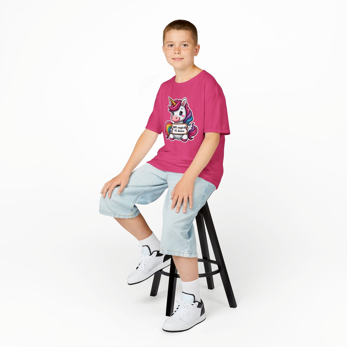Kids Unicorn Tee — Cute Rainbow Unicorn Holding '100% Magical, 0% Drama