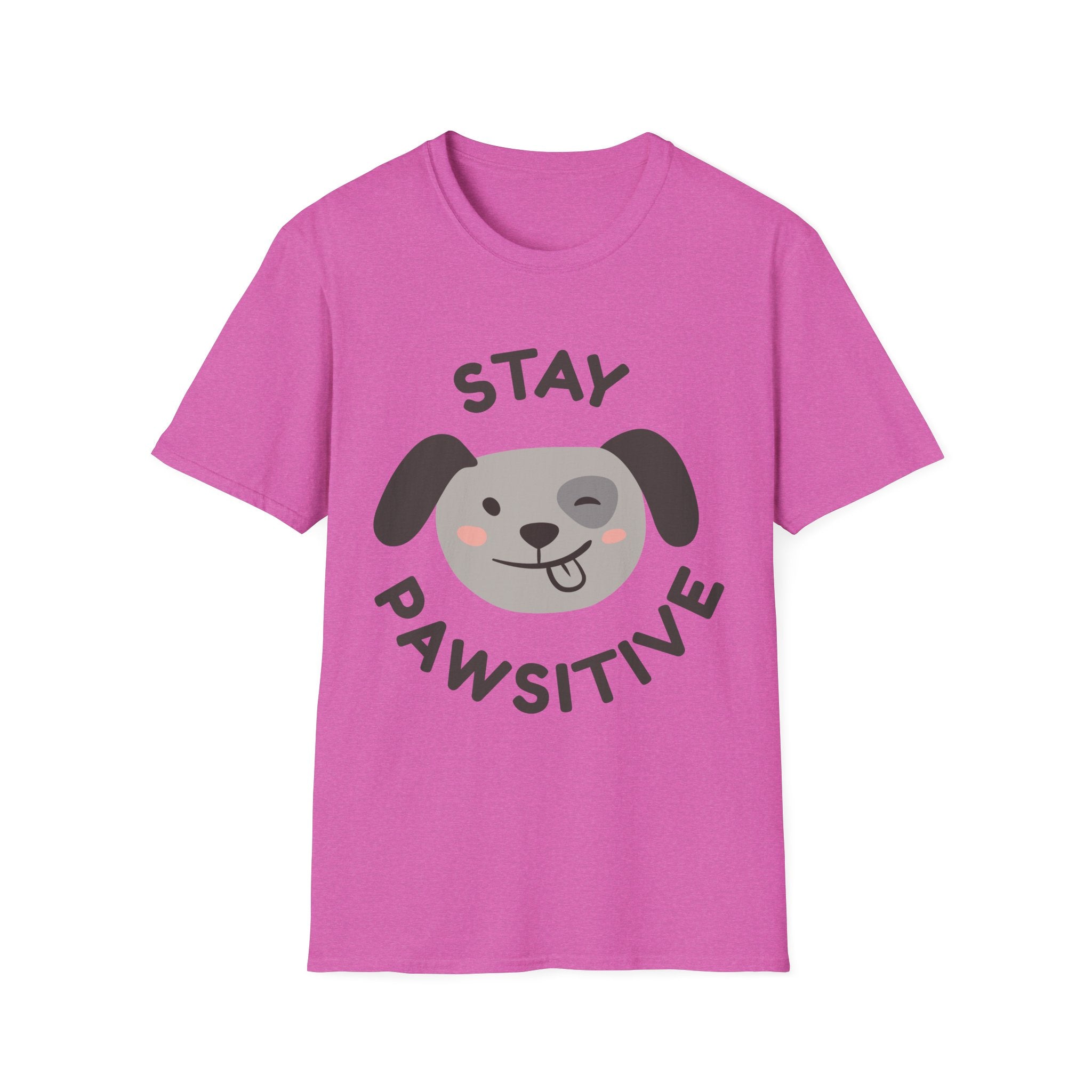Pink t-shirt with a dog graphic and text 'Stay Pawsitive' on a pink background