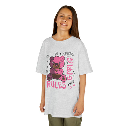 Sassy Cartoon Kids Tee - Girl's Rules Pink Teddy Bear Graphic
