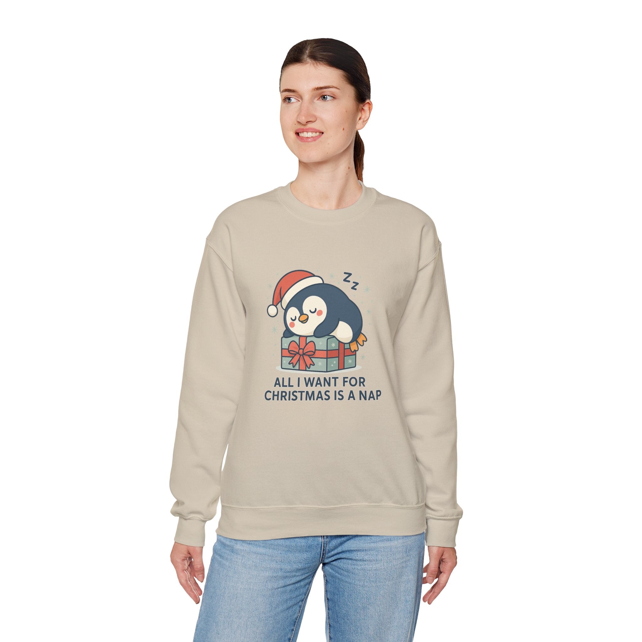 Christmas Penguin Sweatshirt — "All I Want for Christmas Is a Nap" Cozy Holiday Crewneck
