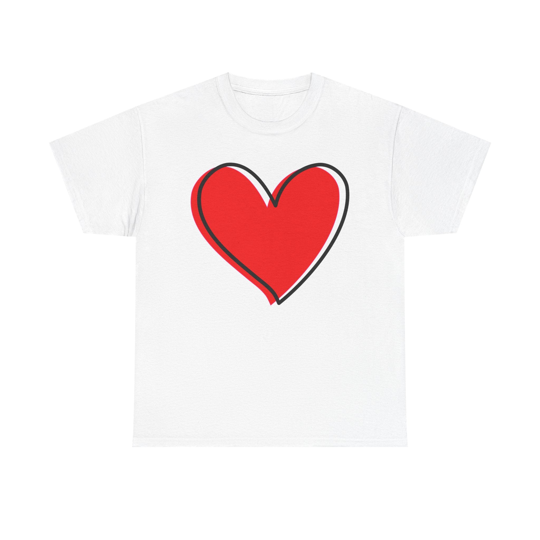 White t-shirt with a red heart design on a white background