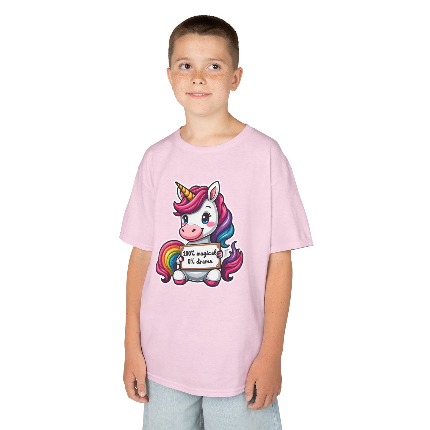 Kids Unicorn Tee — Cute Rainbow Unicorn Holding '100% Magical, 0% Drama
