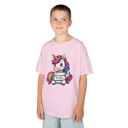 Kids Unicorn Tee — Cute Rainbow Unicorn Holding '100% Magical, 0% Drama