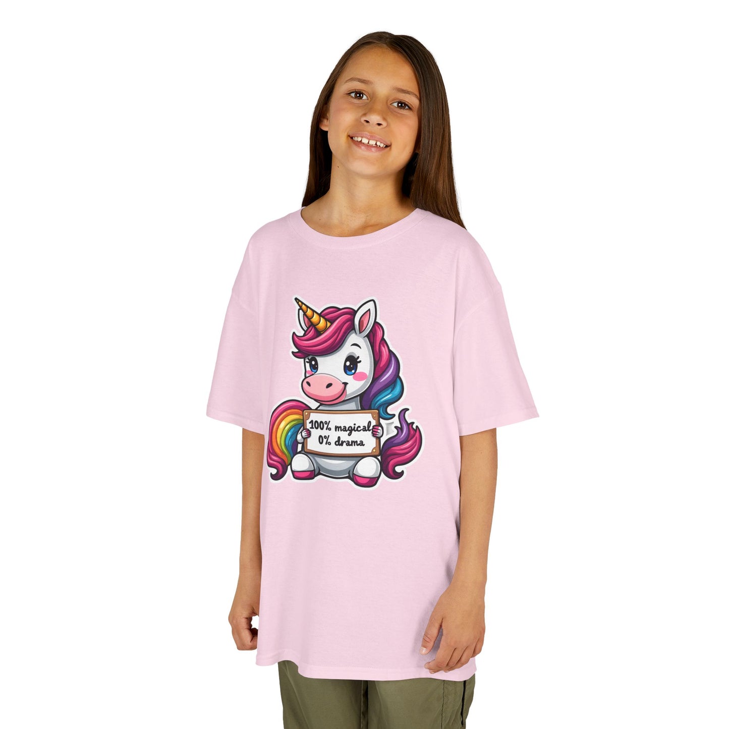 Kids Unicorn Tee — Cute Rainbow Unicorn Holding '100% Magical, 0% Drama