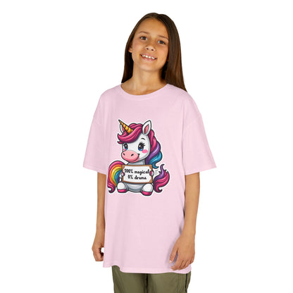 Kids Unicorn Tee — Cute Rainbow Unicorn Holding '100% Magical, 0% Drama