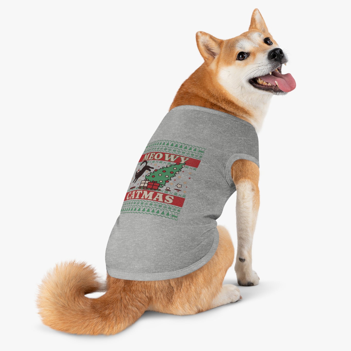 Meowy Catmas Pet Tank Top – Funny Christmas Cat/Dog Shirt for Pets
