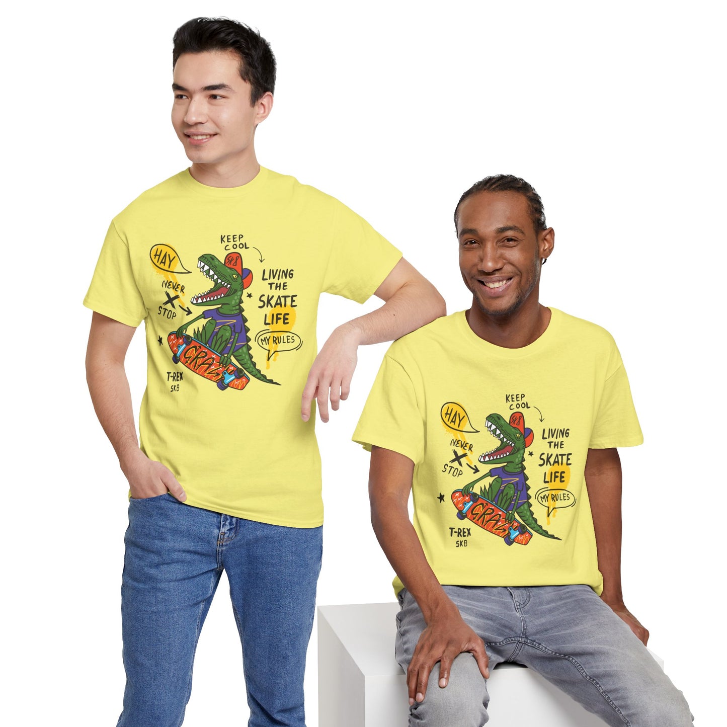 Dinosaur Skateboard T-Shirt – “Living the Skate Life” Graphic Tee