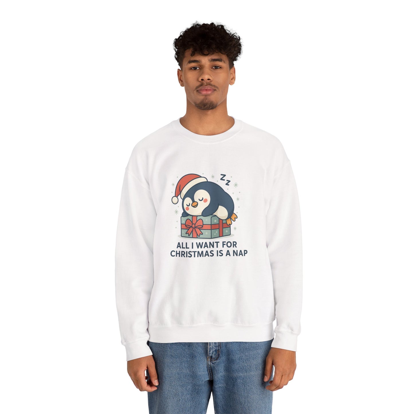 Christmas Penguin Sweatshirt — "All I Want for Christmas Is a Nap" Cozy Holiday Crewneck