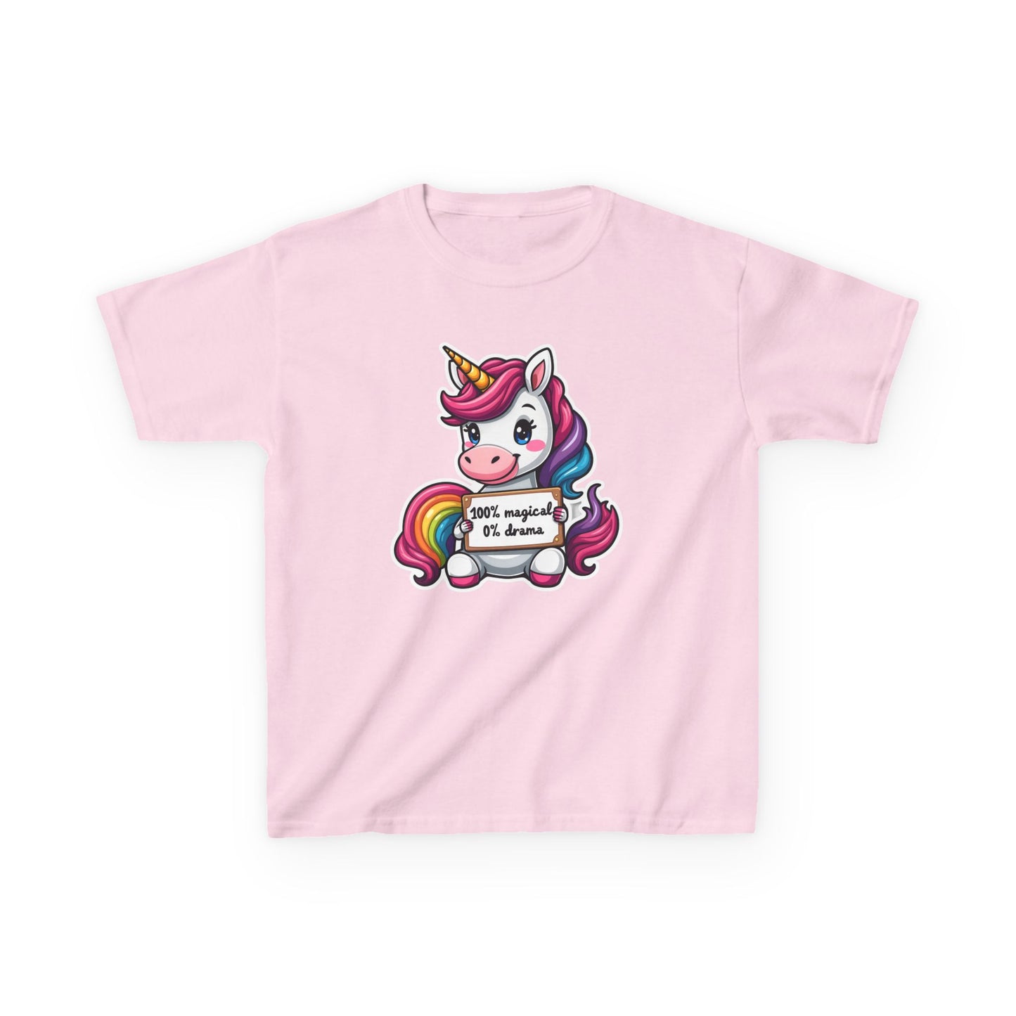 Kids Unicorn Tee — Cute Rainbow Unicorn Holding '100% Magical, 0% Drama