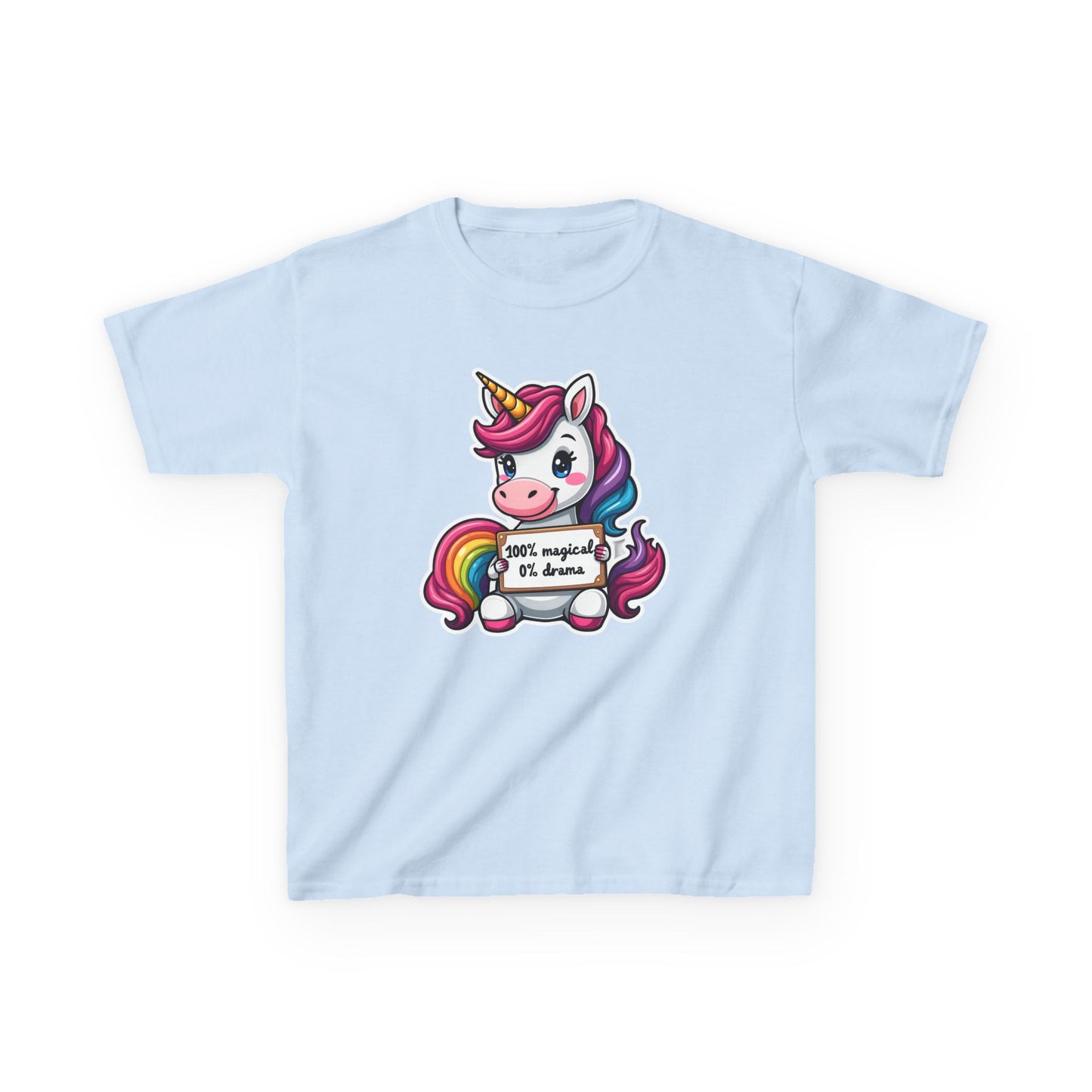 Kids Unicorn Tee — Cute Rainbow Unicorn Holding '100% Magical, 0% Drama