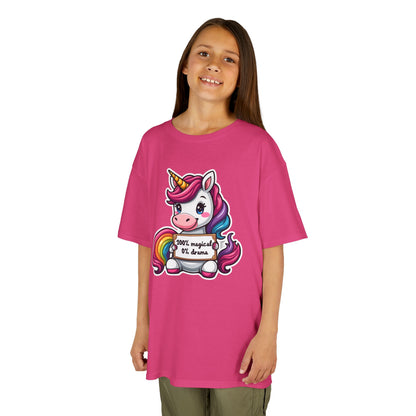 Kids Unicorn Tee — Cute Rainbow Unicorn Holding '100% Magical, 0% Drama