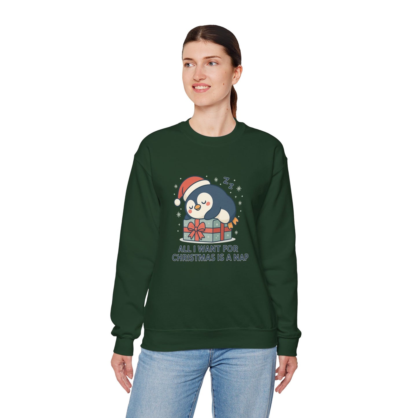 Christmas Penguin Sweatshirt — "All I Want for Christmas Is a Nap" Cozy Holiday Crewneck