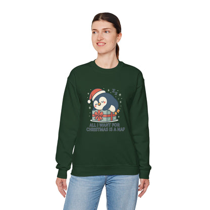 Christmas Penguin Sweatshirt — "All I Want for Christmas Is a Nap" Cozy Holiday Crewneck