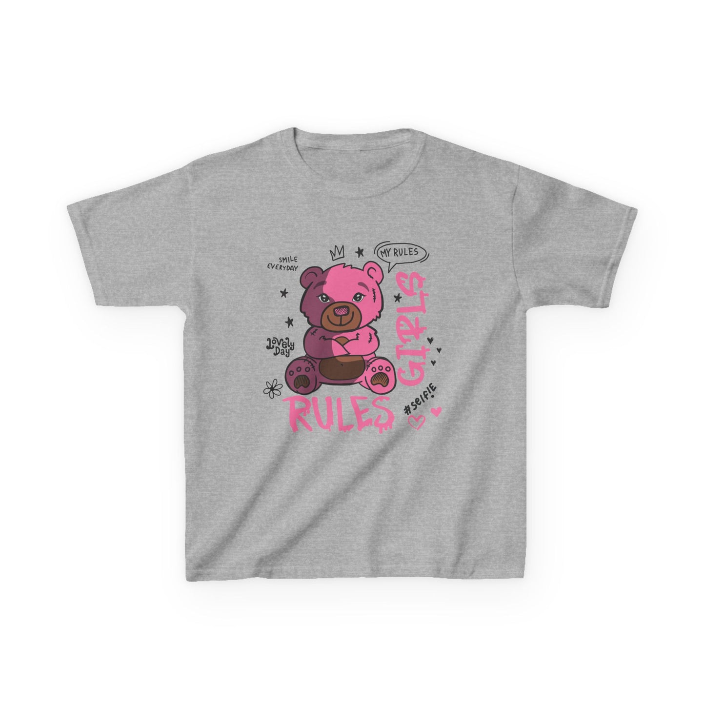 Sassy Cartoon Kids Tee - Girl's Rules Pink Teddy Bear Graphic