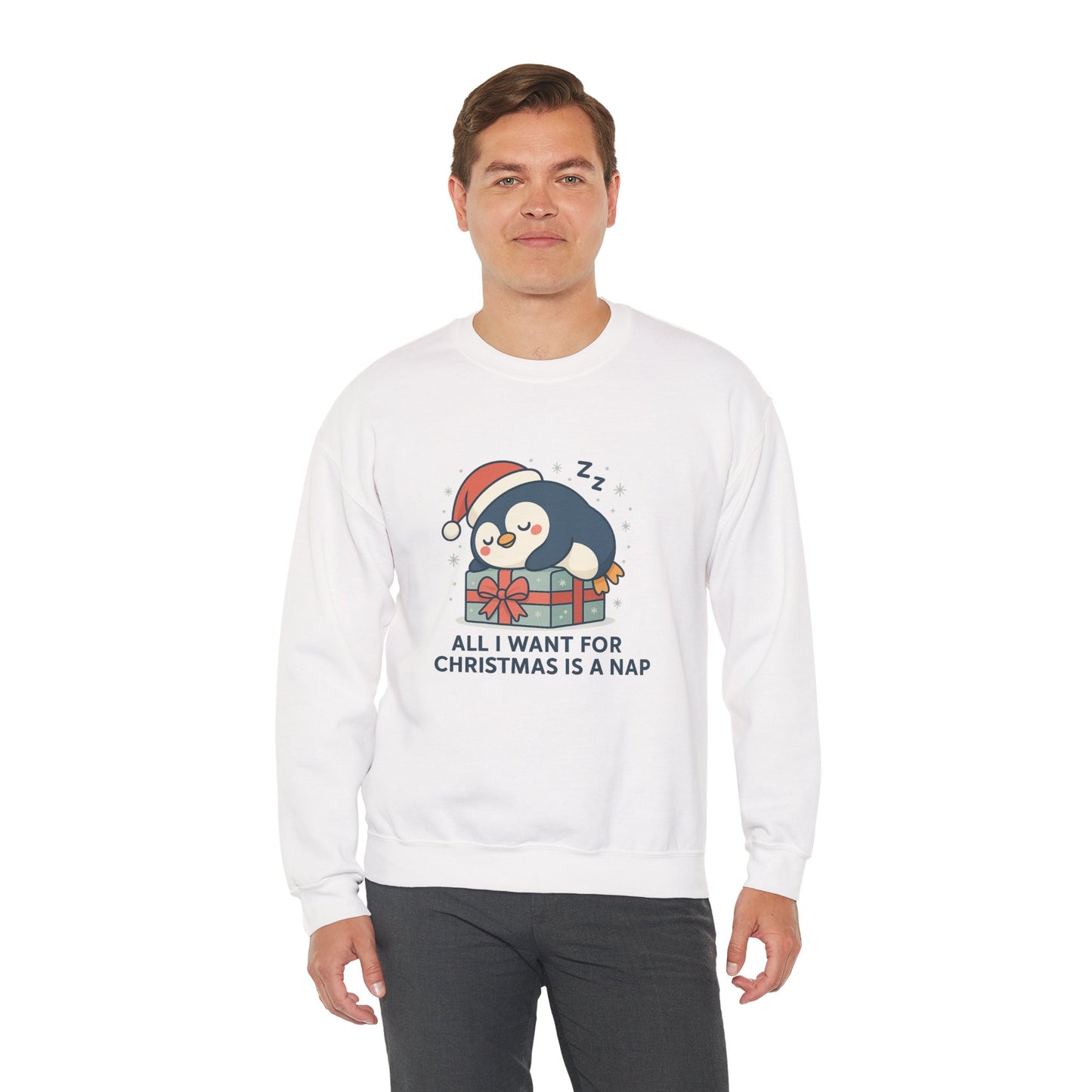 Christmas Penguin Sweatshirt — "All I Want for Christmas Is a Nap" Cozy Holiday Crewneck