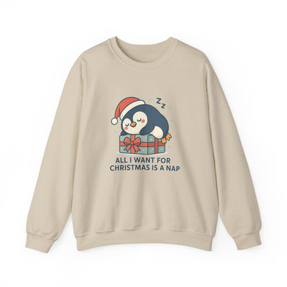 Christmas Penguin Sweatshirt — "All I Want for Christmas Is a Nap" Cozy Holiday Crewneck