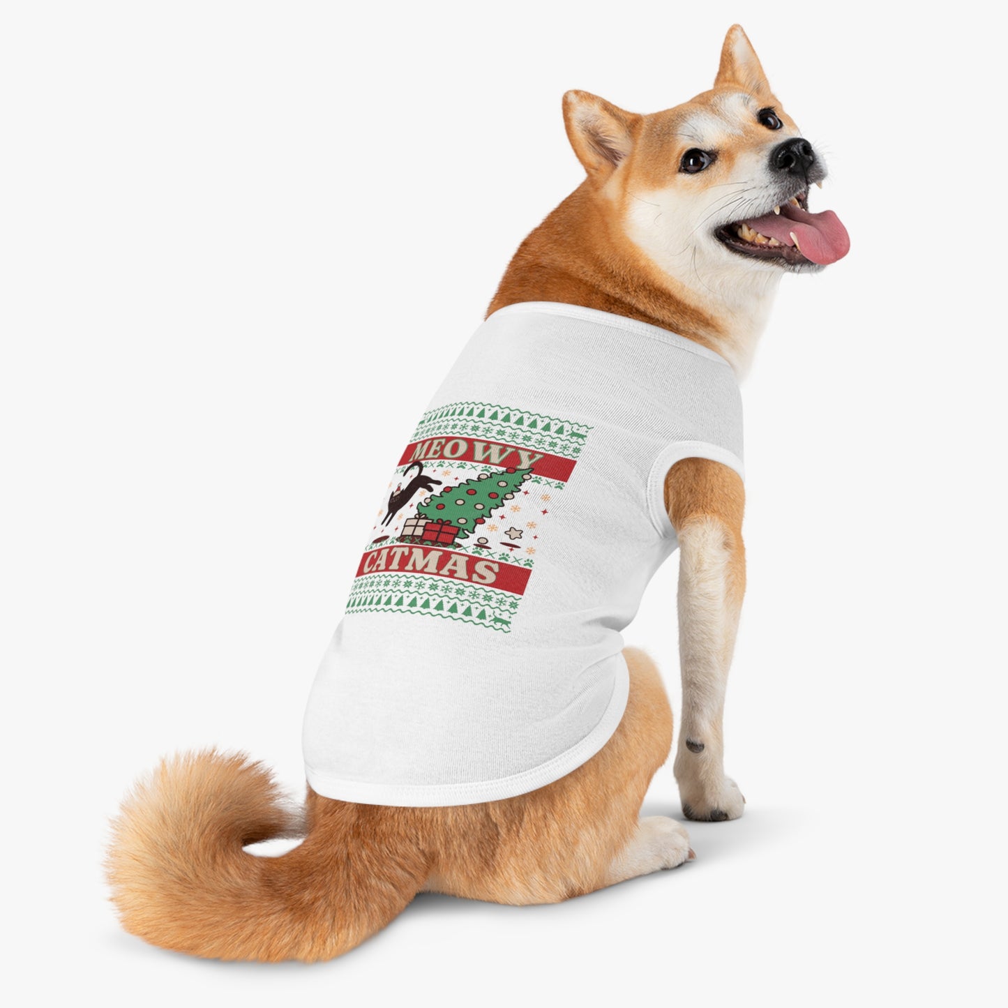 Meowy Catmas Pet Tank Top – Funny Christmas Cat/Dog Shirt for Pets