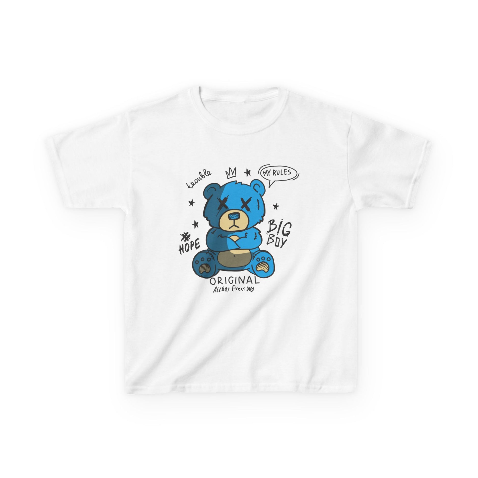Big Boy Original Teddy Bear kids graphic tee with bold blue attitude bear design