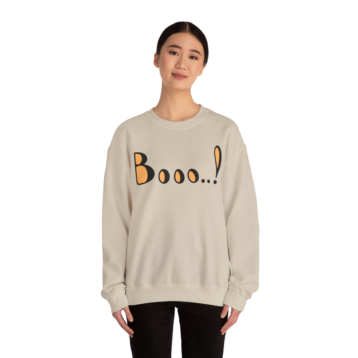 Model wearing the Boo Halloween Sweatshirt featuring a minimalist spooky season design.