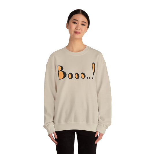 Model wearing the Boo Halloween Sweatshirt featuring a minimalist spooky season design.