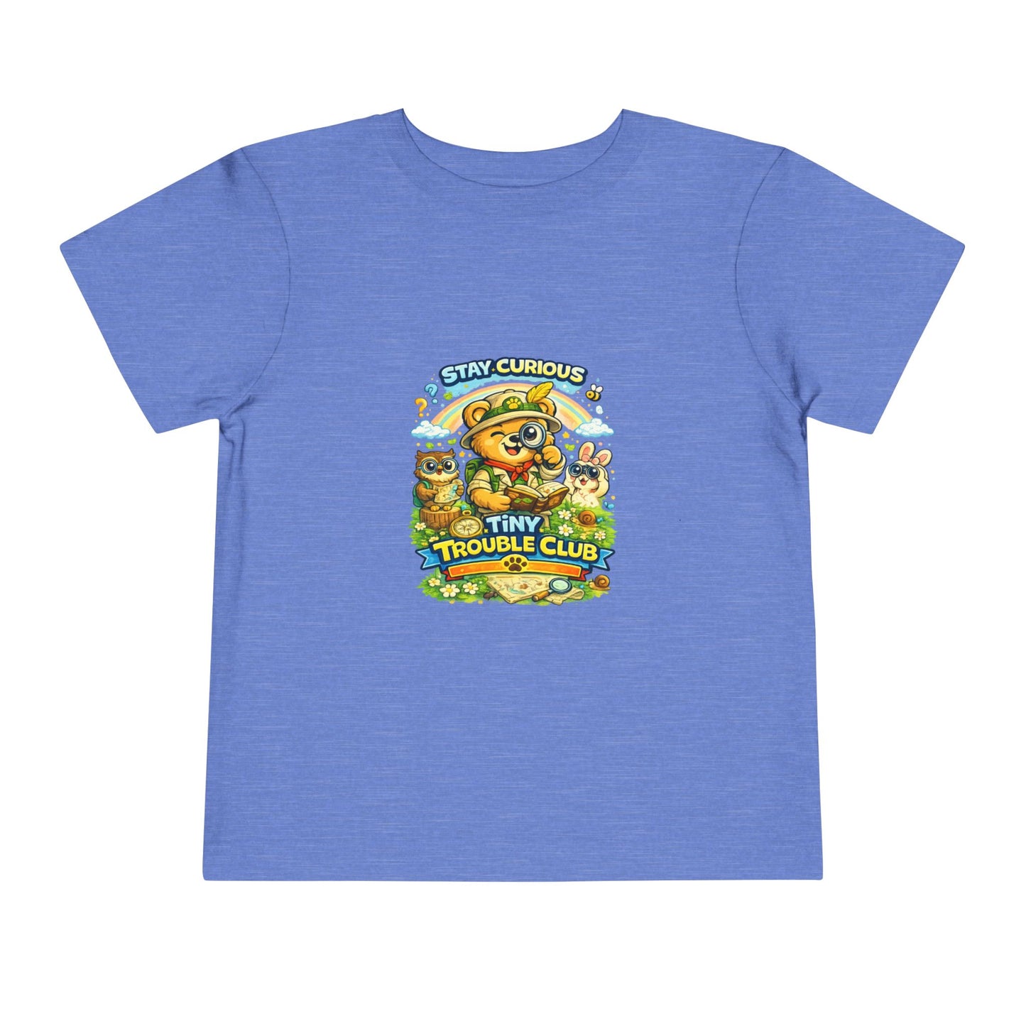 Curious bear kids shirt from the Tiny Trouble Club featuring Milo the explorer — educational toddler graphic tee that inspires curiosity and learning.
