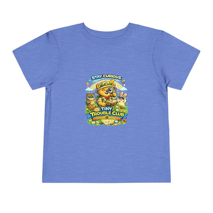 Curious bear kids shirt from the Tiny Trouble Club featuring Milo the explorer — educational toddler graphic tee that inspires curiosity and learning.