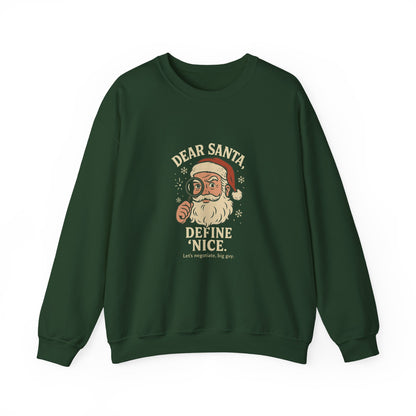 Dark green “Dear Santa Define Nice” vintage Christmas sweatshirt with Santa illustration from DJ’s Giggle Wear.