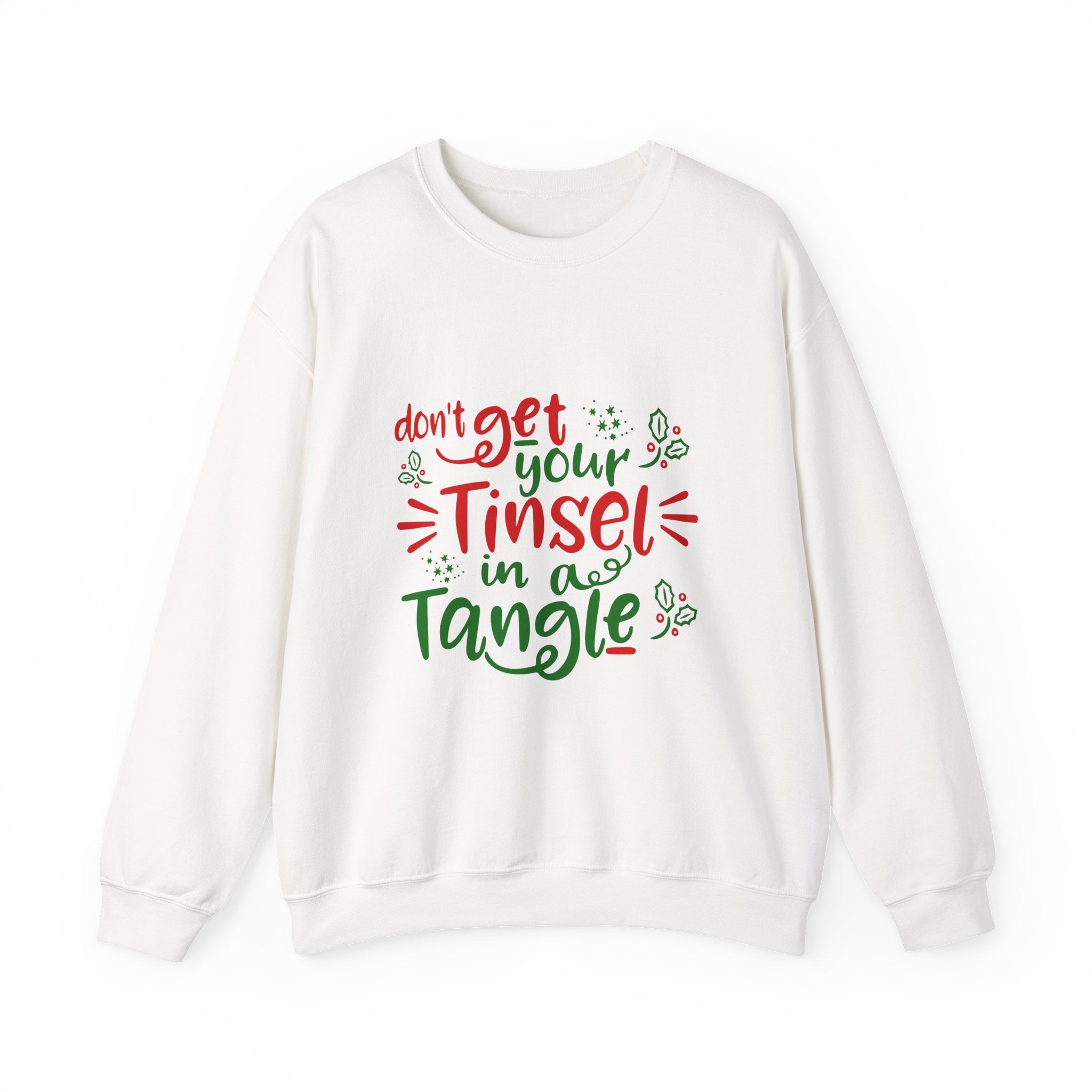 White “Don’t Get Your Tinsel in a Tangle” funny Christmas sweatshirt with red and green festive lettering from DJ’s Giggle Wear