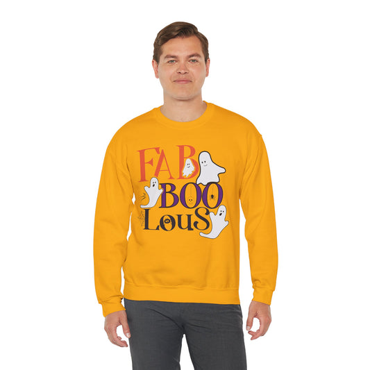 Model wearing the Fab-Boo-Lous Halloween sweatshirt featuring playful ghost graphics and colorful spooky season lettering.