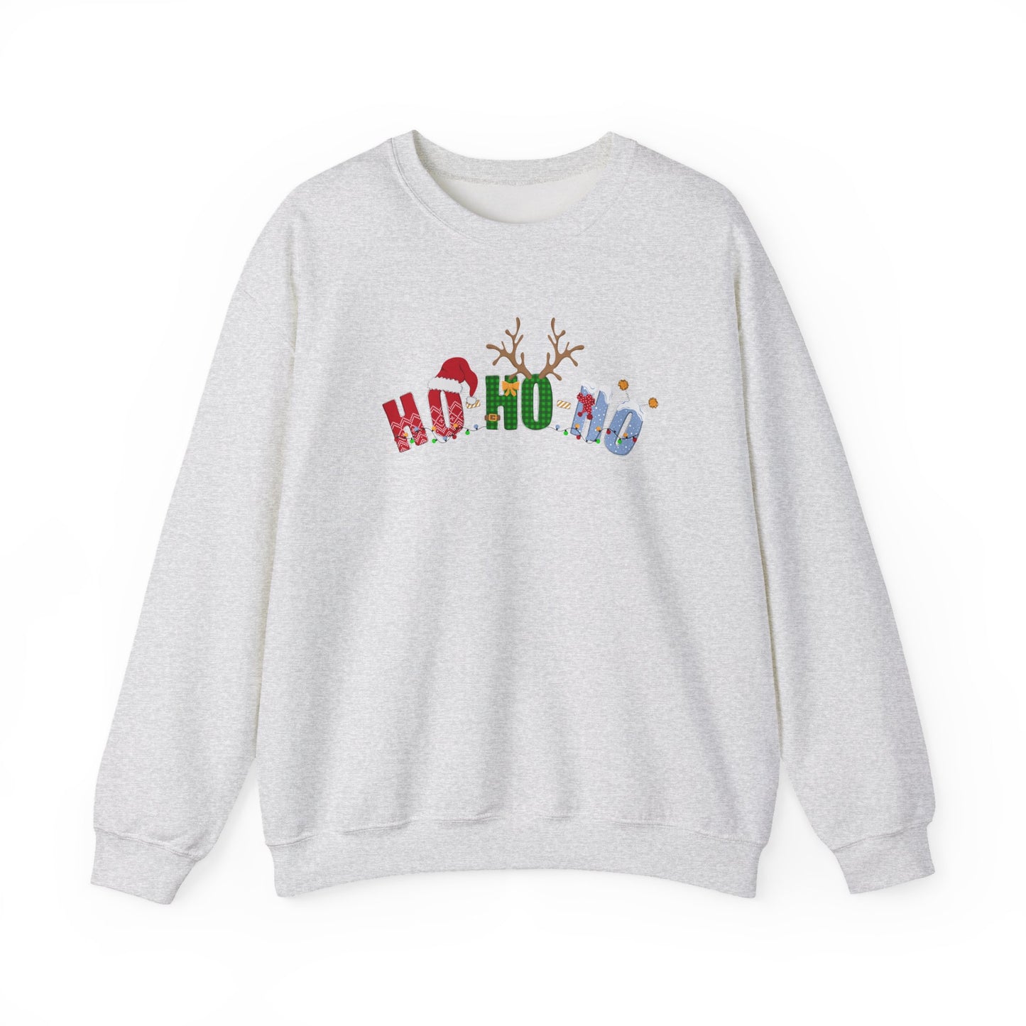 Light gray “Ho Ho Ho No” Christmas sweatshirt with colorful holiday letters, Santa hat, and reindeer antlers from DJ’s Giggle Wear.