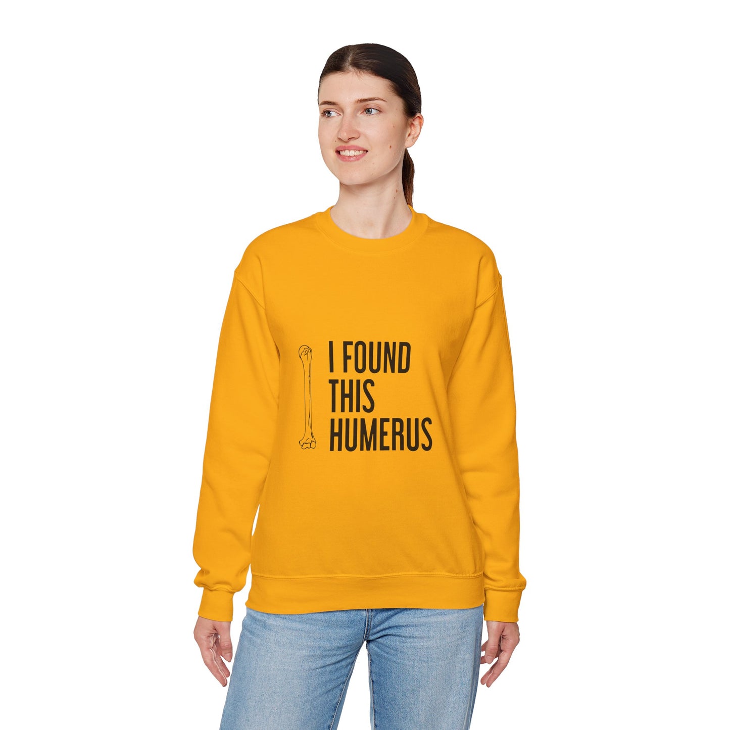 Funny "I Found This Humerus" Halloween sweatshirt featuring an anatomy bone pun, perfect for doctors, nurses, teachers, medical students, and spooky season.