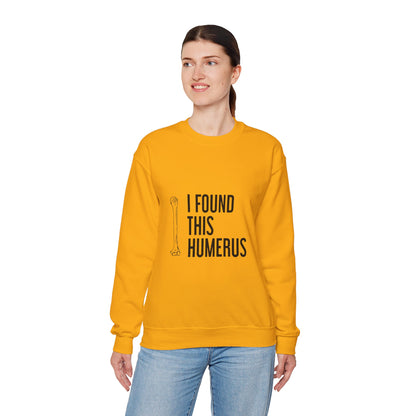 Funny "I Found This Humerus" Halloween sweatshirt featuring an anatomy bone pun, perfect for doctors, nurses, teachers, medical students, and spooky season.