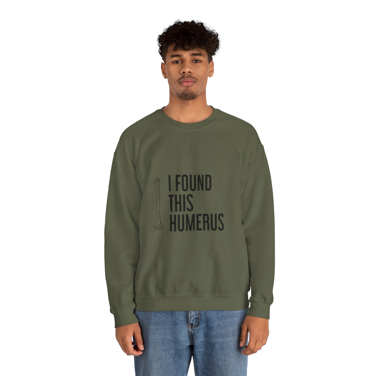 Funny "I Found This Humerus" Halloween sweatshirt featuring an anatomy bone pun, perfect for doctors, nurses, teachers, medical students, and spooky season.