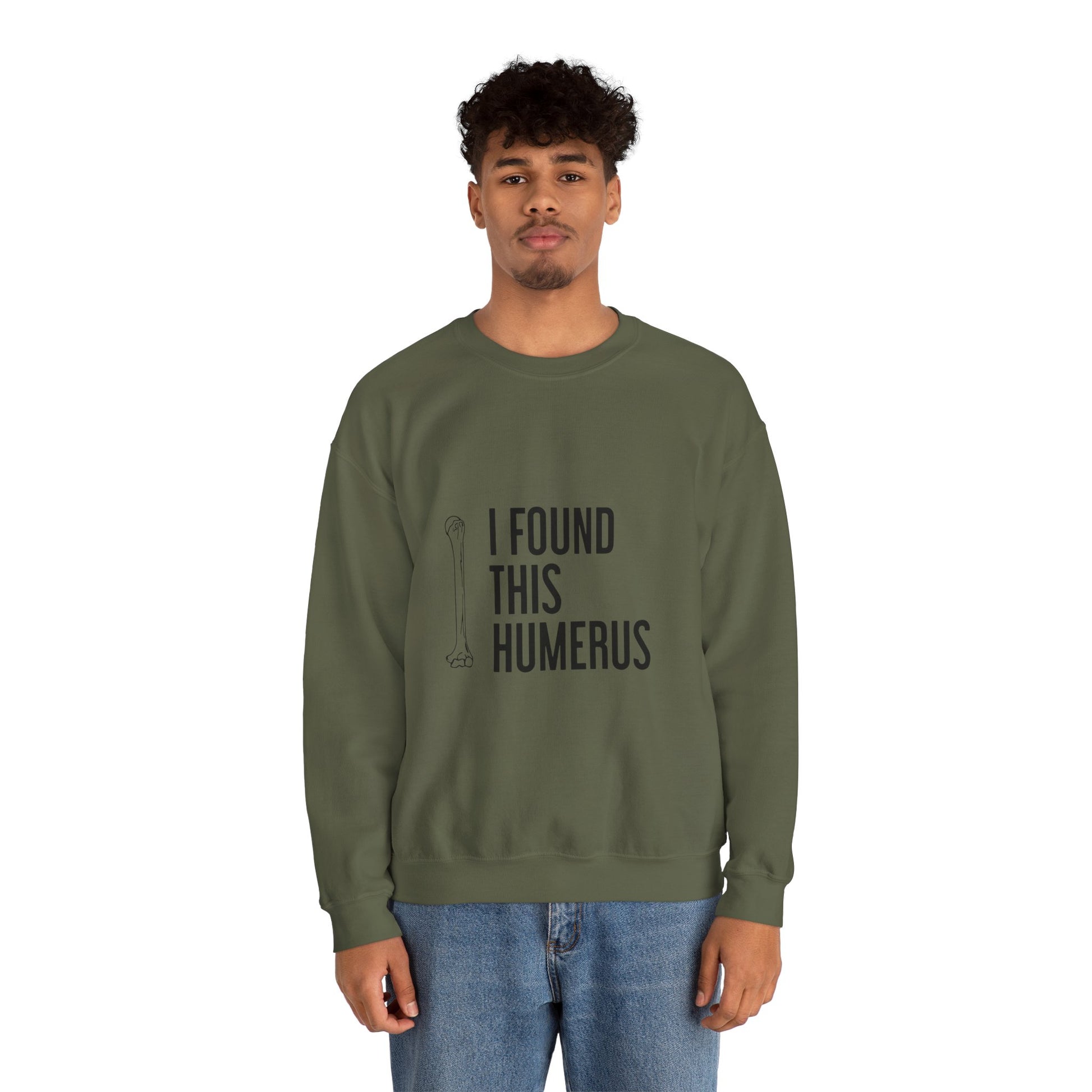 Funny "I Found This Humerus" Halloween sweatshirt featuring an anatomy bone pun, perfect for doctors, nurses, teachers, medical students, and spooky season.