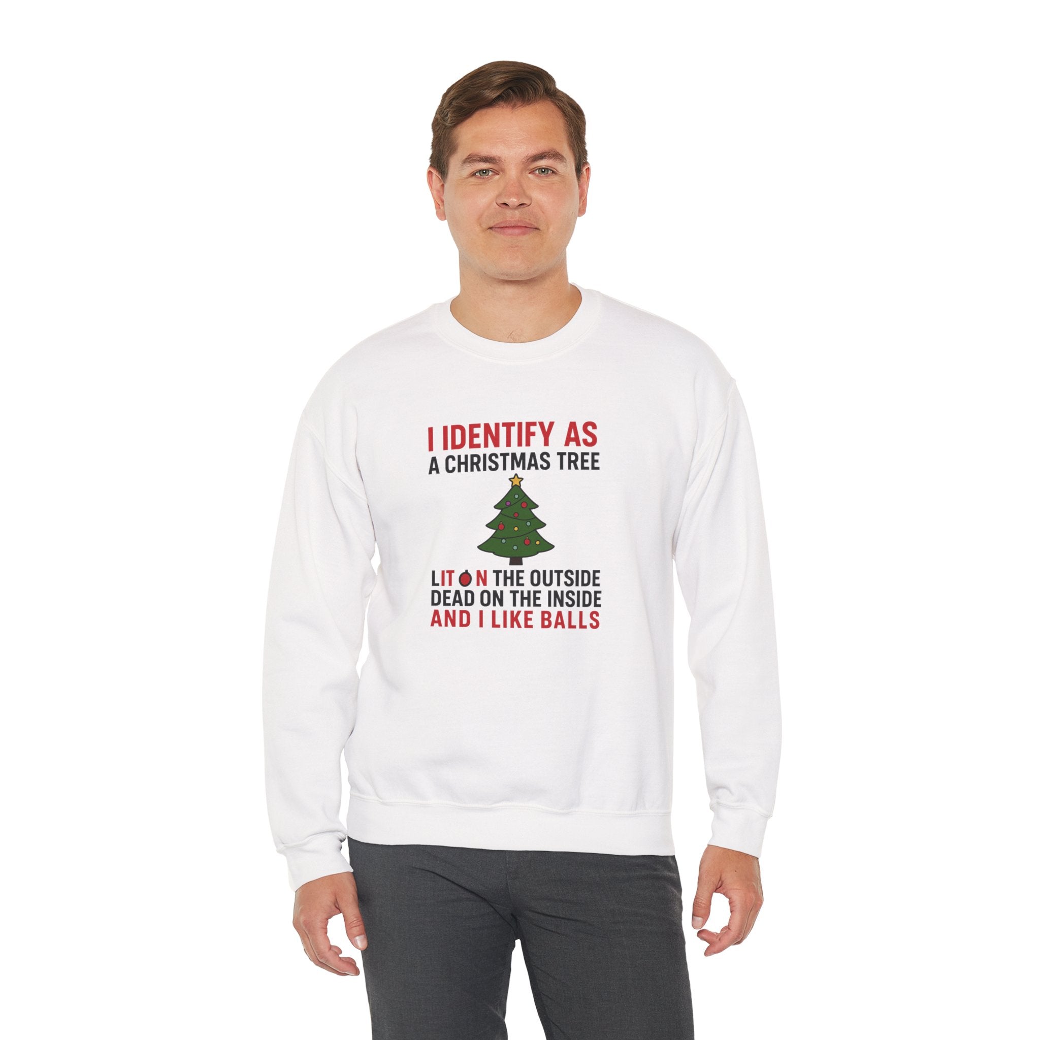 Man wearing a white “I Identify as a Christmas Tree” funny adult Christmas sweatshirt with a decorated tree and humorous text, DJ’s Giggle Wear holiday apparel.