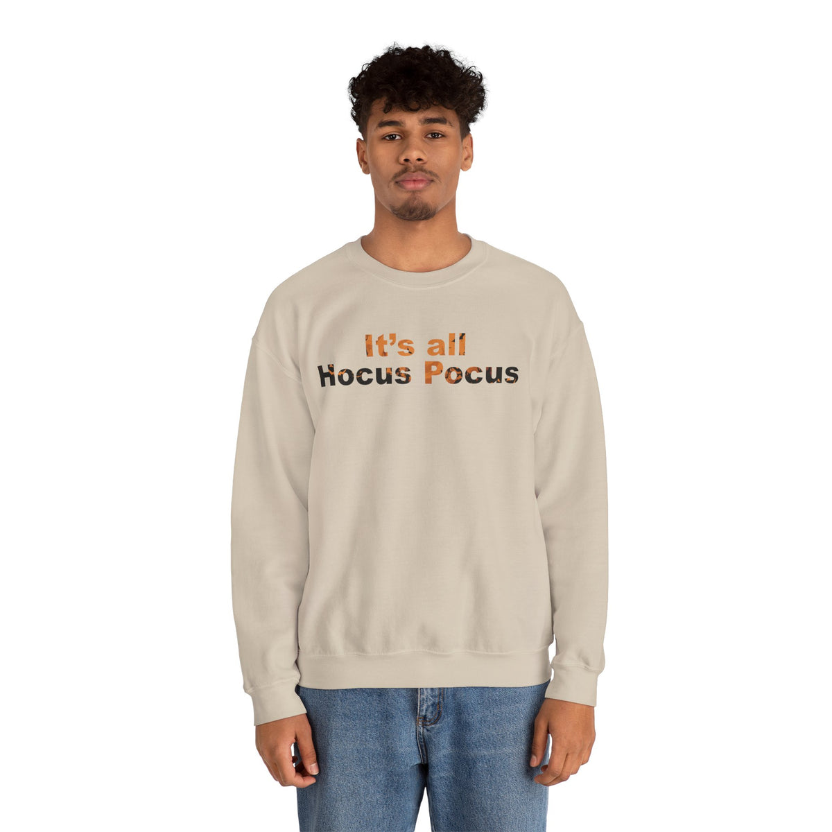 Model wearing the It's All Hocus Pocus Halloween Sweatshirt featuring a minimalist spooky season design.