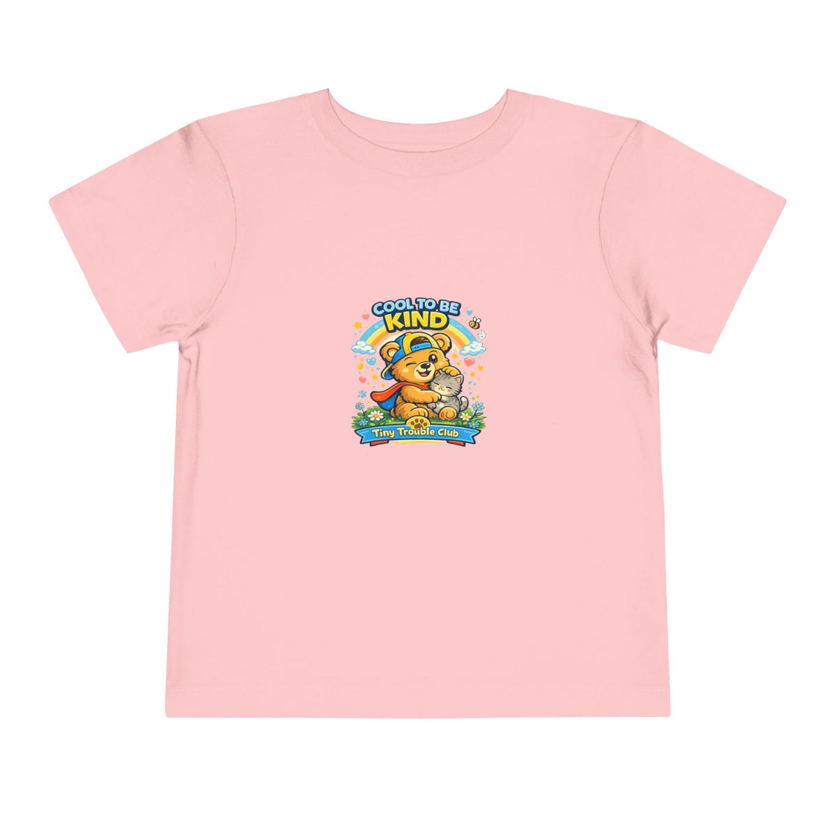 Kind bear kids shirt from the Tiny Trouble Club featuring Milo spreading kindness — positive message toddler graphic tee