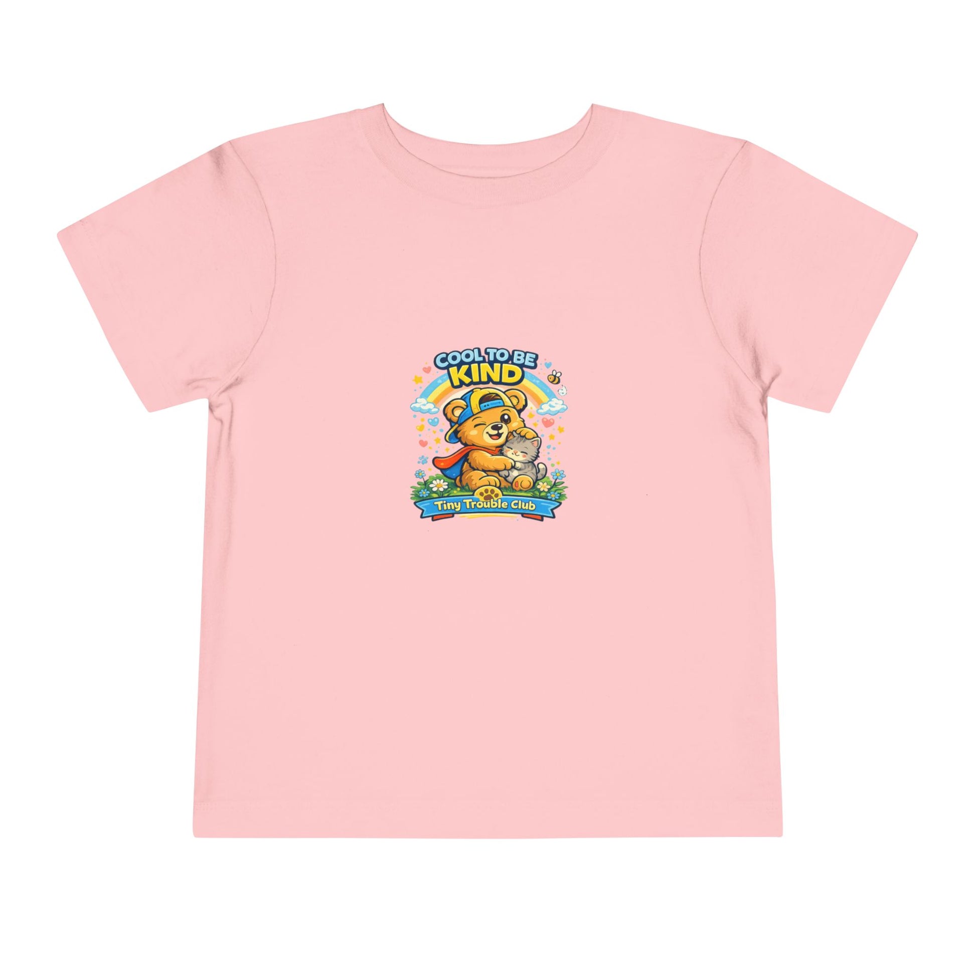 Kind bear kids shirt from the Tiny Trouble Club featuring Milo spreading kindness — positive message toddler graphic tee