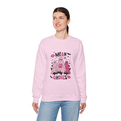 Model wearing the Mean Ghouls Halloween Sweatshirt with cute ghost graphics, perfect for Halloween parties, pumpkin patches, and spooky season.