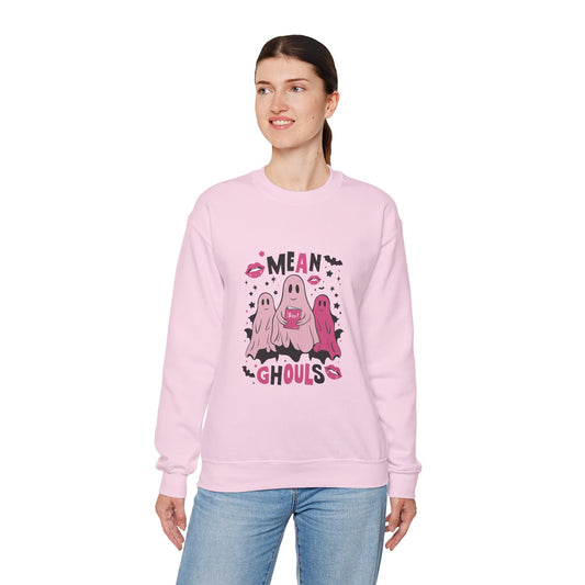 Model wearing the Mean Ghouls Halloween Sweatshirt with cute ghost graphics, perfect for Halloween parties, pumpkin patches, and spooky season.