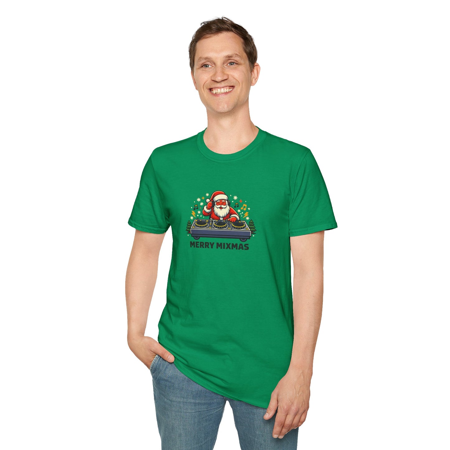 Man wearing a green T-shirt featuring a Merry Mixmas Santa DJ Christmas graphic with turntables and festive music-themed artwork.