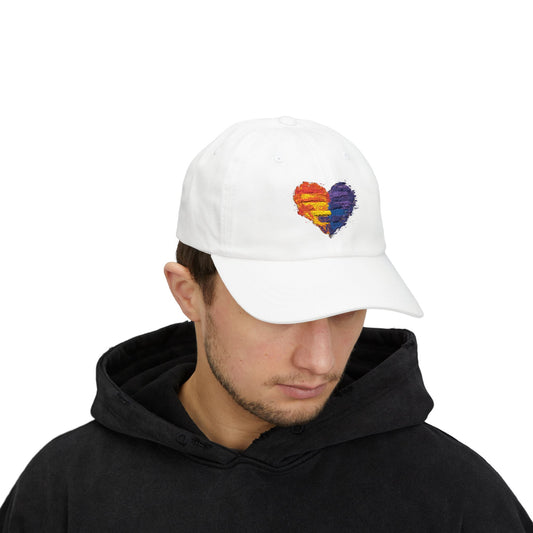 Embroidered rainbow heart pride dad hat in white cotton celebrating LGBTQ pride and ally support