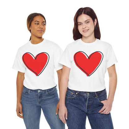 White unisex t-shirt with large red heart design, cute Valentine’s Day love shirt ideal for couples or holiday gifts.