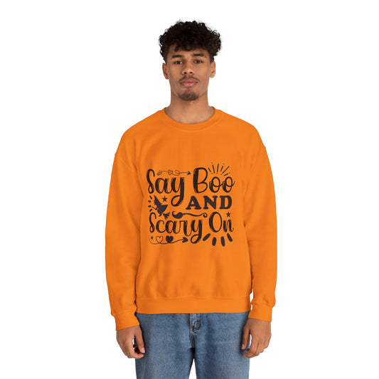 Funny "Say Boo and Carry On" Halloween sweatshirt, perfect for spooky season, pumpkin patches, Halloween parties, haunted houses, and cozy fall outfits.