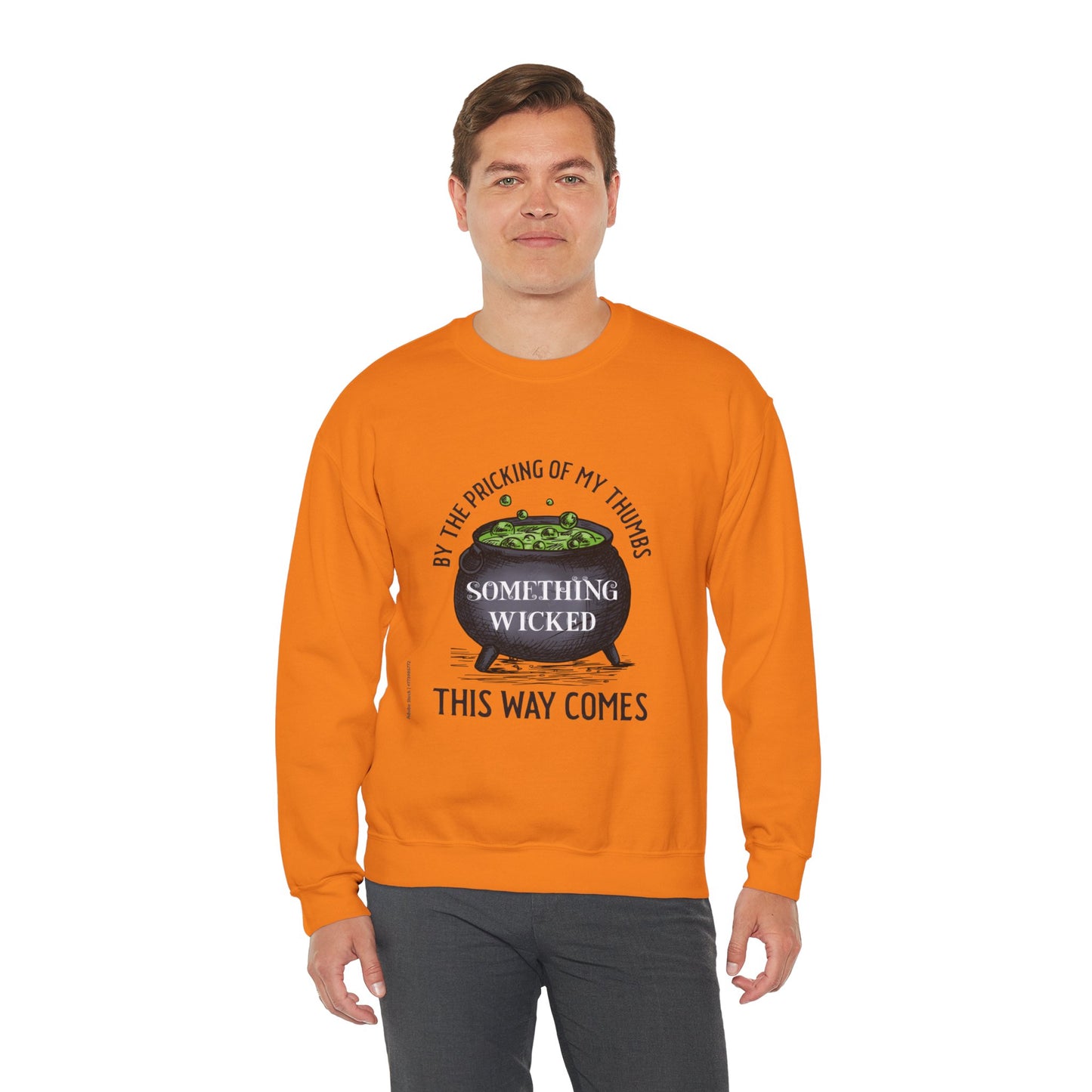 Something Wicked This Way Comes Halloween sweatshirt featuring a witch's cauldron graphic, perfect for spooky season, Halloween parties, pumpkin patches, and gothic fall fashion.
